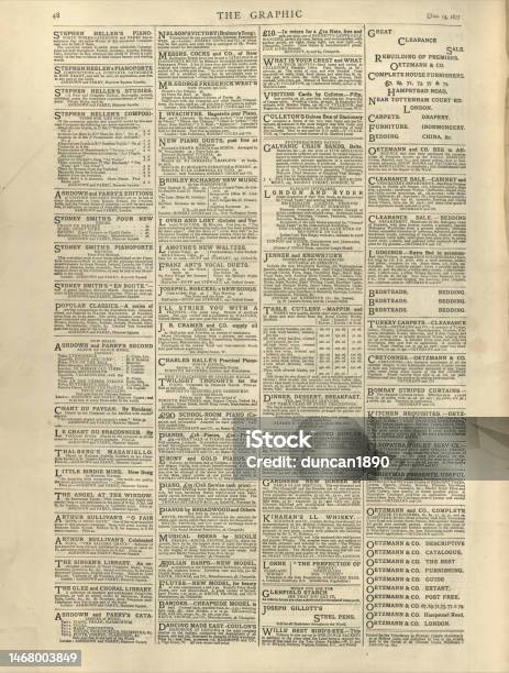 Old Victorian Newspaper Page 19th Century Stock Photo - Download Image Now - Newspaper, Archival, Retro Style
