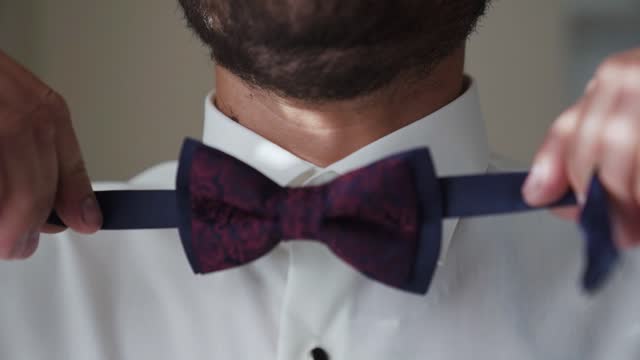 Arabian businessman wears a burgundy bow tie near window sunrays.