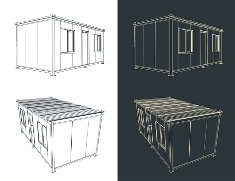 Stylized vector illustration of drawings of a container house