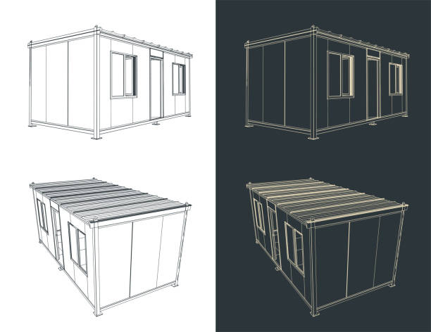 Container house Stylized vector illustration of drawings of a container house modular construction stock illustrations