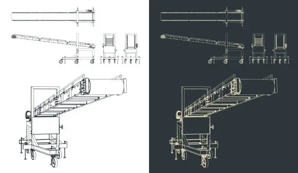 Vector illustration of Inclination loading conveyor blueprints