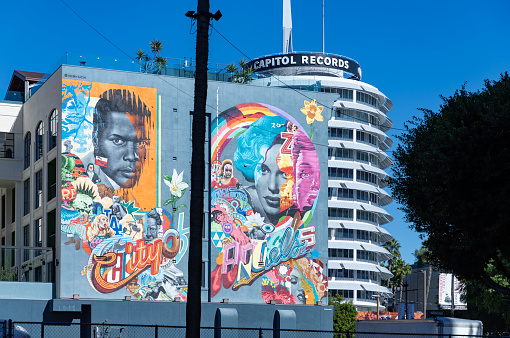 Los Angeles, United States - November 16, 2022: A picture of the Sidney Poitier and Judy Garland mural, created by pop artist Tristan Eaton, in 2022. The location is Hollywood Boulevard.