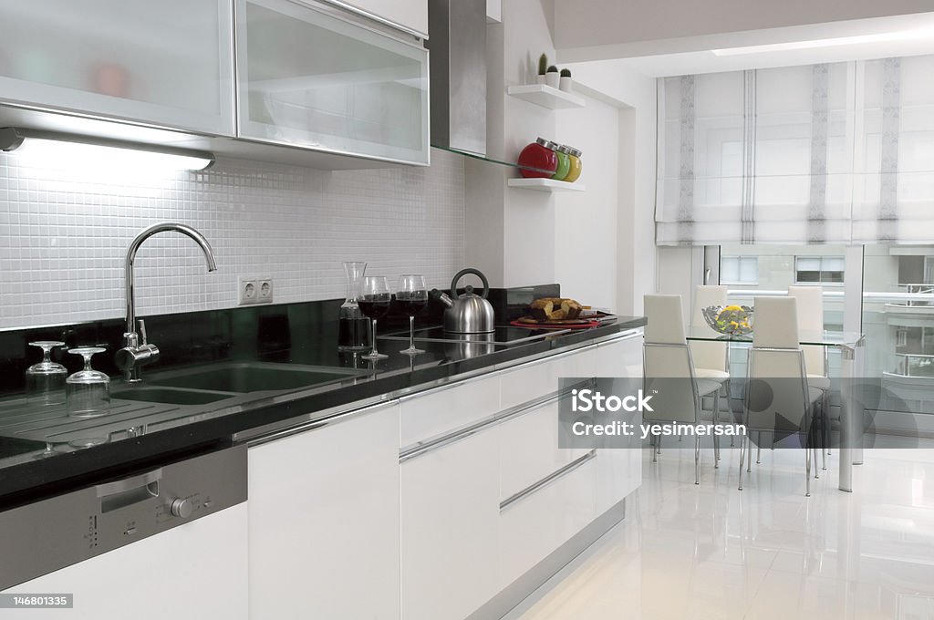 Residential Structure kitchen, view of black granite countertop Architecture Stock Photo