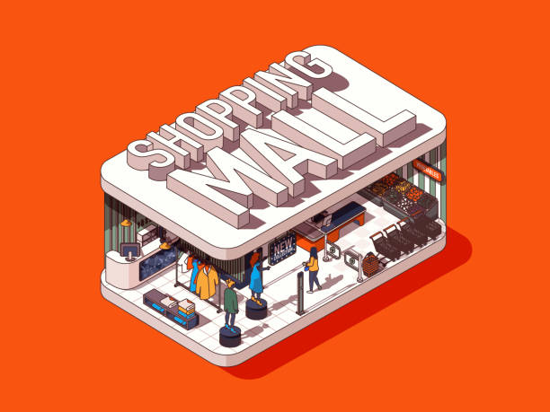 ilustrações de stock, clip art, desenhos animados e ícones de shopping mall concept in 3d isometric graphic design. shop with different departments, buying clothes, supermarket checkout. vector illustration with people in isometric room interior for web banner - department store shopping mall store inside of