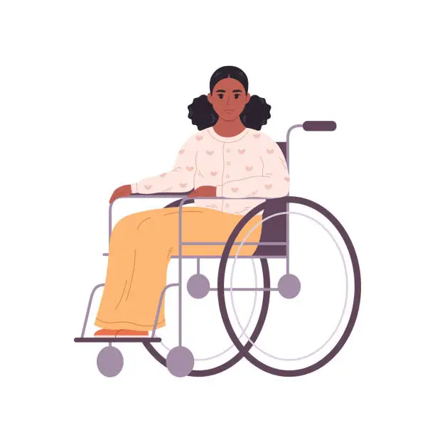 Vector illustration of Disabled young black woman sitting in wheelchair. Female character with a physical disability. Vector illustration in flat style