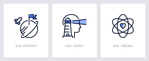 ilustrações, clipart, desenhos animados e ícones de a nossa missão, a nossa visão e os nossos valores.  conceito de negócio. modelo de página da web. metáforas com ícones azuis - initiative