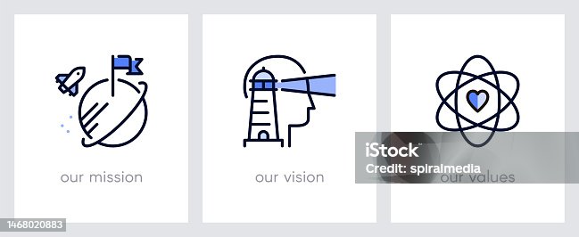 istock Our mission, our vision and our values.  Business concept. Web page template. Metaphors with blue icons 1468020883