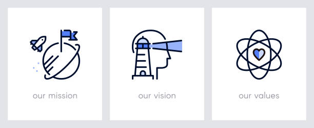 Our mission, our vision and our values.  Business concept. Web page template. Metaphors with blue icons Our mission, our vision and our values. Business concept. Web page template. Metaphors with blue icons such as rocket landing, lighthouse and core values viewpoint stock illustrations