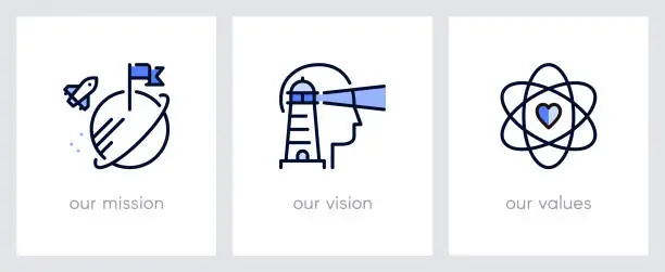 Vector illustration of Our mission, our vision and our values.  Business concept. Web page template. Metaphors with blue icons