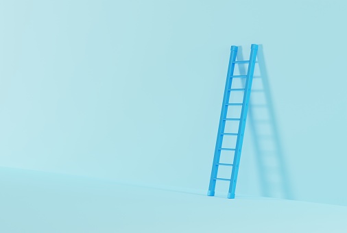 ladder leaning against gray concrete wall. White ladder on grey concrete wall. copy space. 3d rendering