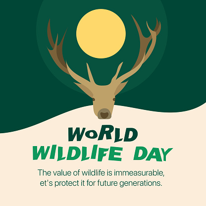 This stunning social media design for World Wildlife Day features an illustration of a majestic deer, surrounded by a beautiful sun and lush greenery. The design is accompanied by the powerful slogan 'The value of wildlife is immeasurable, let's protect it for future generations'. This design is the perfect way to raise awareness for the importance of protecting our natural world and preserving wildlife for future generations.