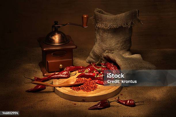 Pepper And Handmill Stock Photo - Download Image Now - Bag, Canvas Fabric, Cayenne Pepper