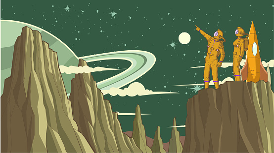 A vertical cartoon style vector illustration of two retro atompunk era astronauts exploring a new alien planet. Wide space available for your copy.