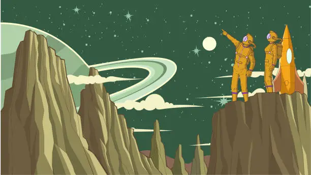 Vector illustration of A vertical cartoon style vector illustration of two retro atompunk era astronauts exploring a new alien planet. Wide space available for your copy.