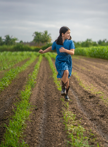Young girl running on an agricultural field