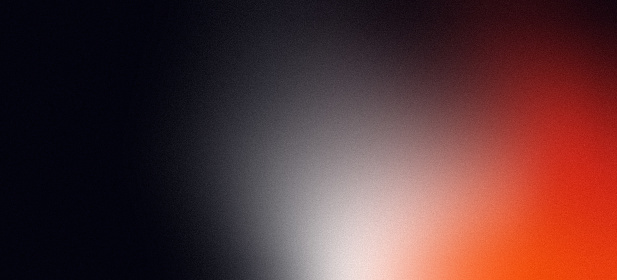 Red orange white illuminated spots on black, grainy color gradient background, noise texture effect, copy space