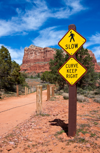 A sign guides hikers and bikers at the foot of Bell Rock in Sedona Arizona.