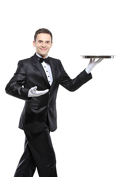 お子様用のトレーを置くバトラー - butler domestic staff waiter tuxedo ストックフォトと画像