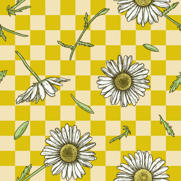 A cute and fun seamless spring pattern featuring daisies, stems and leaves on a checkerboard background.
