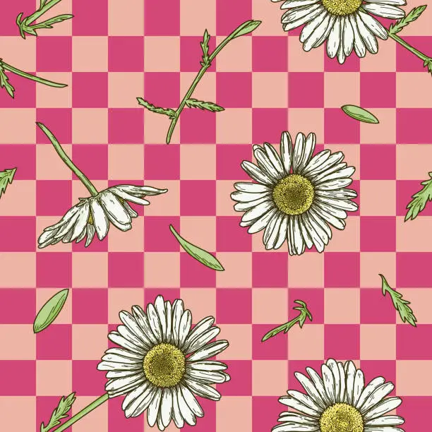 Vector illustration of 90s Daisy Flower Seamless Pattern on Checkered Background