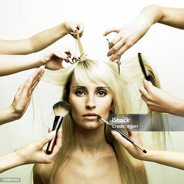 Hands Of Stylists Working On A Young Blonde Woman Stock Photo - Download Image Now - Hair Salon, Hairdresser, 20-24 Years