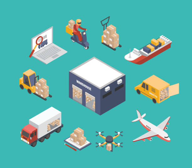 Logistics, Delivery, Global Cargo Shipping Logistics, delivery and global cargo shipping. Isometric Vector illustration. global logistics infographic stock illustrations