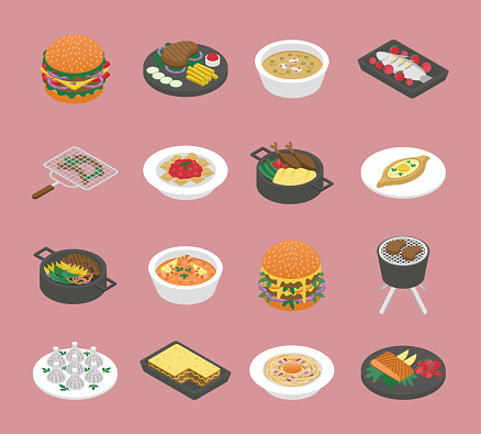 The food set showcases a collection of various dishes and food items rendered in isometric perspective. The set includes illustrations of burgers, steaks, vegetables, soup, fish, tomatoes, grills, sausages, pasta, khinkali, pie, and khachapuri. Each illustration is carefully crafted to capture the details and textures of the food items, creating a realistic and appetizing display. The isometric perspective adds depth and dimension to the illustrations, making them visually engaging and memorable. Vector illustration. Different dishes.