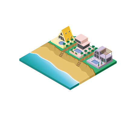 Villas by the Sea. Isometric vector illustration. House by the sea. Modern houses near beaches and water.