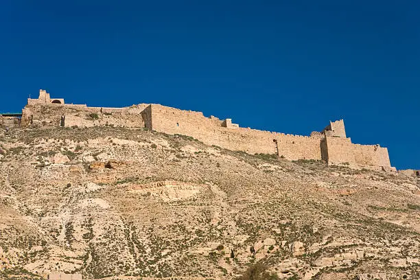 Jordan. The Crusader fortress of Kerak (Al Karak, Crak des Moabites, biblical Charach Mouba) - the outer walls seen from west side