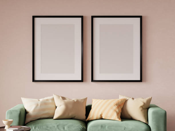 istock Vertical frame mockup in living room interior. 3d rendering, 3d illustration 1468053477