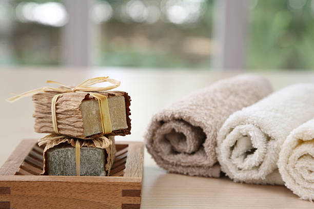 istock Nice soaps with towels in natural colours 146805421