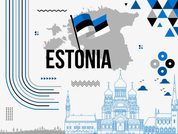 Vector illustration of Estonia National Day banner with Estonia Waving Flag, Estonian Map, Landmarks, Color Theme, Modern Abstract Blue, Black, White Color, Independence Day Illustration