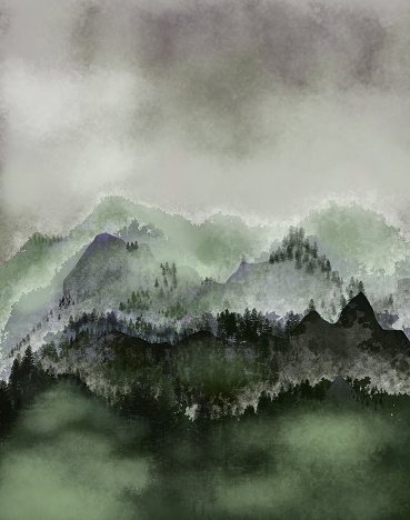 Watercolor illustration of a gloomy landscape of mountains with pine forest. Vector illustration