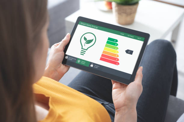 istock Energy efficiency mobile app on screen, eco house 1468055942