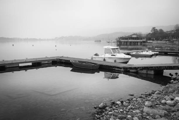istock Viverone Lake pier. Black and white photo 1468055976