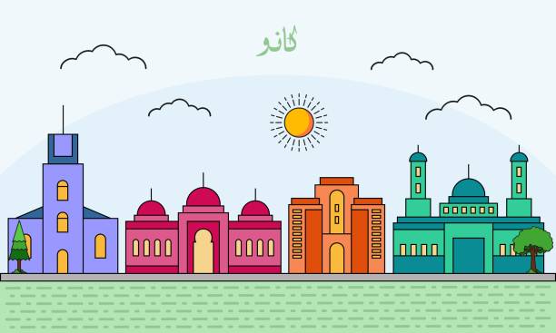 jedna čárová kresba vektorové ilustrace panoramatu kano. koncept designu vektorových ilustrací pro cestování a orientační body. moderní městský design vektor. arabština přeložit : kano - kano stock ilustrace