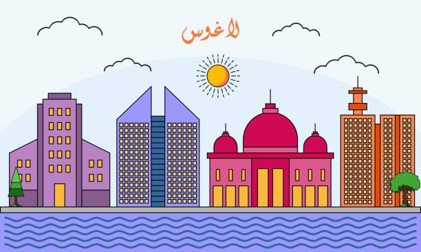 jednodílná kresba vektorové ilustrace panoramatu lagosu. koncept designu vektorových ilustrací pro cestování a orientační body. moderní městský design vektor. arabština přeložit : lagos - kano stock ilustrace