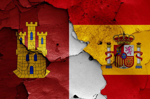 istock flags of Castile La Mancha and Spain painted on cracked wall 1468058302