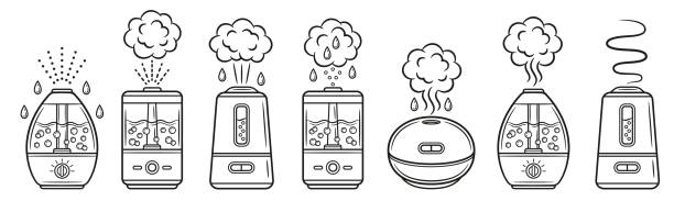 가습기 공기, 스팀 라인 아이콘 세트가있는 가정용 청정기 청소기 장치. 집 방 습도 조절. 아로마 디퓨저. 전기 청소 기구. 수증기는 가정용 장비를 보습합니다. 윤곽선 벡터 - humidifier steam home interior appliance stock illustrations