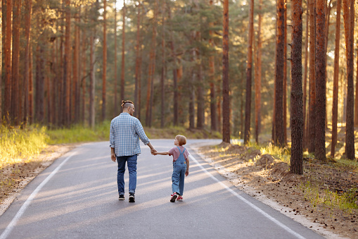 Dad and his little daughter are walking along a forest road among tall pines. Family walk in the forest at sunset, man and little girl.