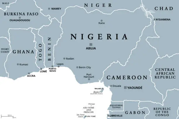 Vector illustration of Nigeria and West Africa countries on Gulf of Guinea, gray political map