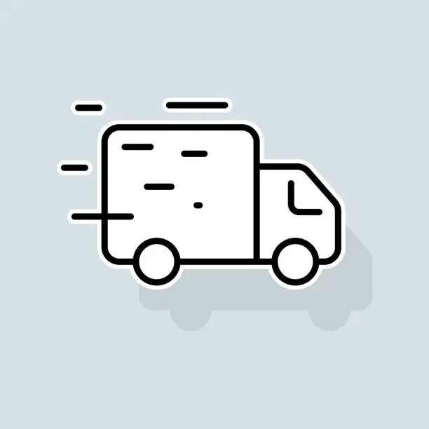 Vector illustration of Delivery van line icon. Food delivery, pizza, mail, truck, garbage disposal, car, box, garbage disposal, car, box, mail, logistics. Order concept. Vector sticker line icon on white background
