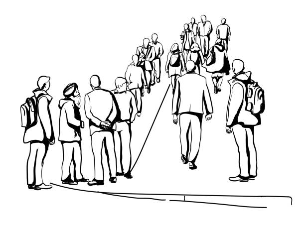 Seattle city bustling sidewalk with people going to and from work, visiting shops, and waiting for transportation. Sketch illustration in vector format.