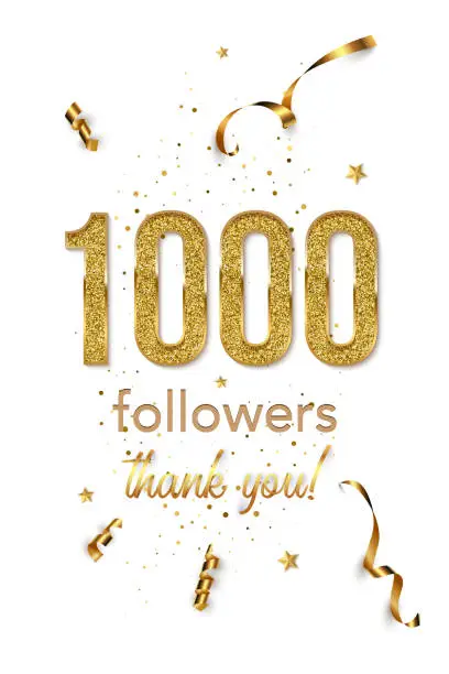 Vector illustration of 1000 followers celebration vertical vector banner. Social media achievement poster. One thousand followers thank you lettering. Golden sparkling confetti ribbons. Shiny gratitude text on white