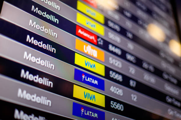 Macro closeup of arrivals and departures screen at El Dorado airport stock photo
