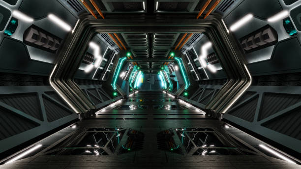 istock 3d illustration render. Sci-Fi grunge damaged metallic corridor background 1468065744