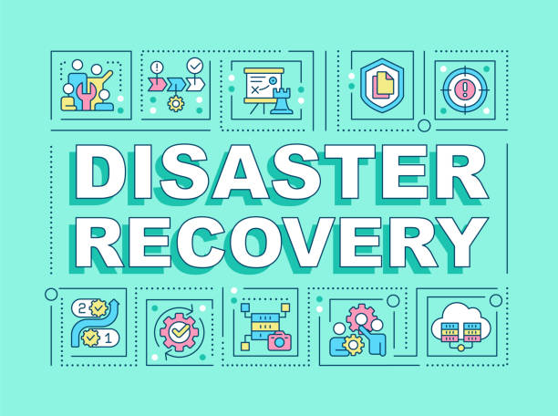 Disaster recovery word concepts turquoise banner Disaster recovery word concepts turquoise banner. System maintenance. Infographics with editable icons on color background. Isolated typography. Vector illustration with text. Arial-Black font used cloud disaster recovery stock illustrations