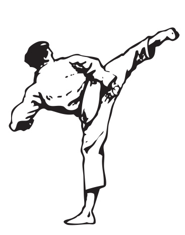 An outline trace of  man kicking in the the air karate style
