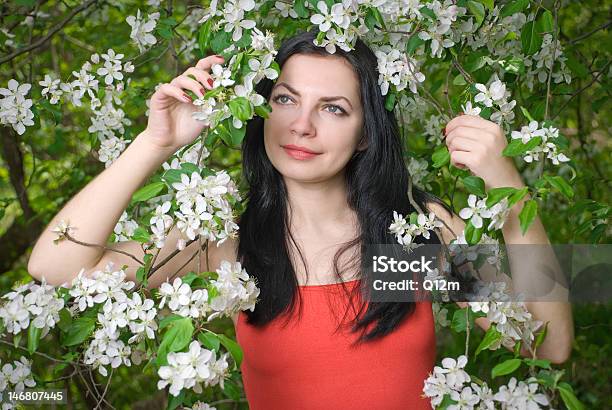 Junge Frau In Blumen Stockfoto und mehr Bilder von Ast - Pflanzenbestandteil - Ast - Pflanzenbestandteil, Attraktive Frau, Baum