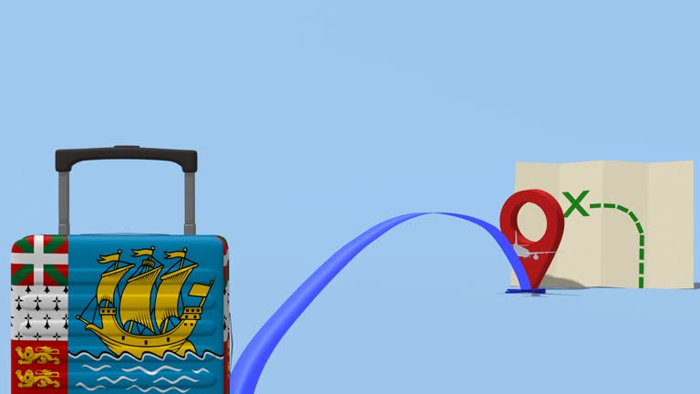 Animation Airline with location marker and suitcase. Travel to - Saint - Pierre and Miquelon
